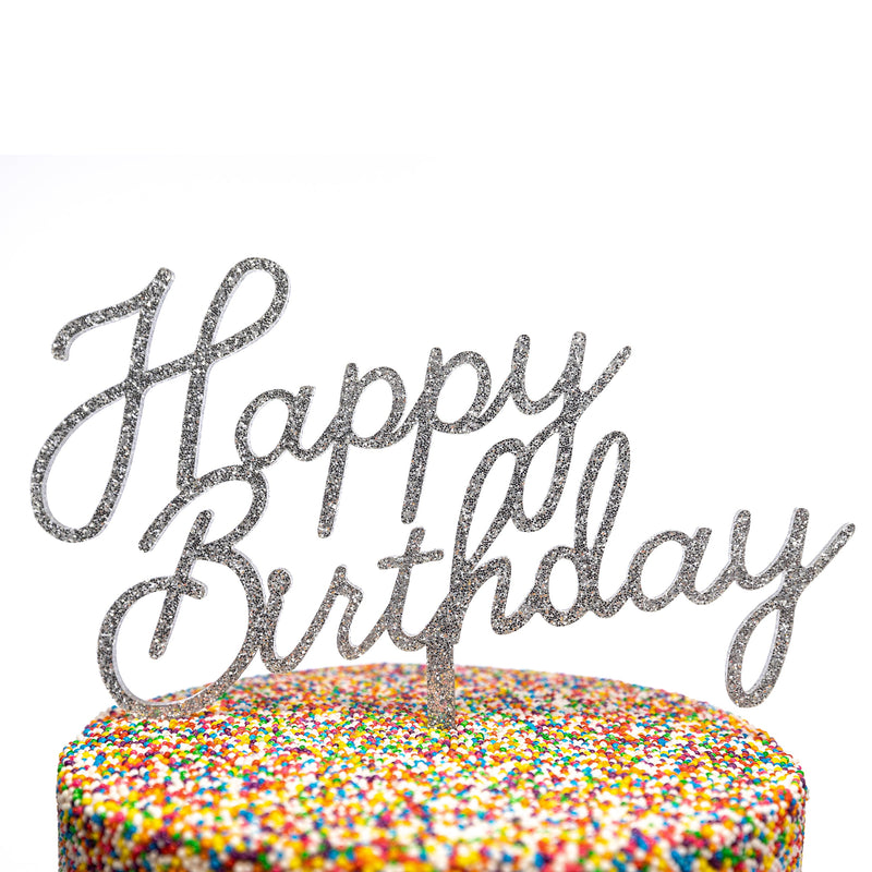 Happy Birthday Cake Topper- Silver Glitter